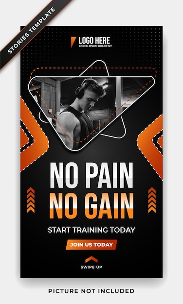 Fitness gym verhalen banner web poster sociale media en post promotie sjabloonontwerp met oranje zwarte kleuren