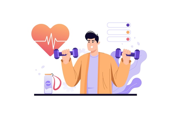 fitness gym violet concept with people scene in the flat cartoon style man do physical exercises