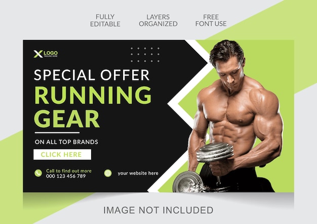 Fitness gym web banner and youtube thumbnail design editable template