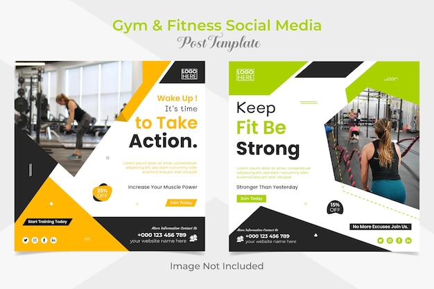 квадратный флаер для фитнеса и тренировок в тренажерном зале, а также пост-баннер в социальных сетях facebook и instagram