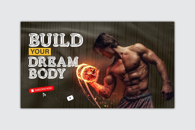 Vector fitness gym and workout video youtube thumbnail design for any videos