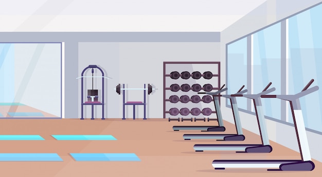 Vettore sala fitness studio attrezzature per l'allenamento concetto di stile di vita sano vuoto senza persone palestra interno con stuoie di allenamento manubri specchio e finestre orizzontale