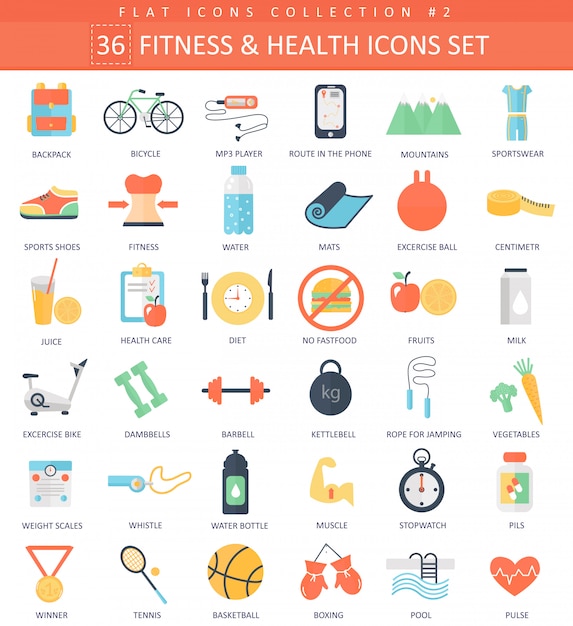 Fitness and health flat icons set