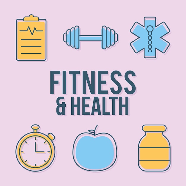 Fitness and health lettering with set of fitness and health icons