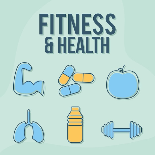 Fitness and health lettering with set of fitness and health icons