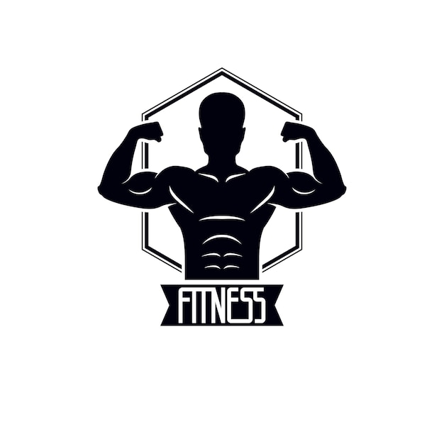 Fitness and heavyweight gym sport club logotype template, retro style vector emblem. With sportsman silhouette.