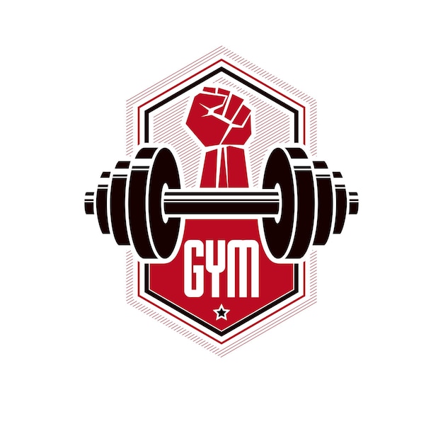 Fitness and heavyweight gym sport club logotype template, retro stylized vector emblem or badge. With barbell and strong hand fist.