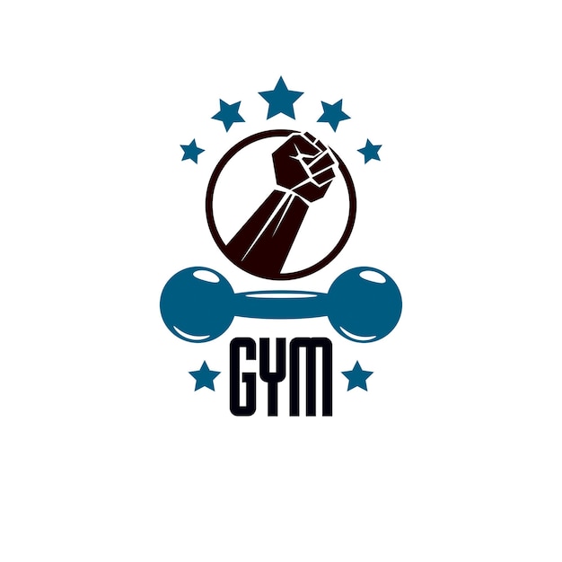 Fitness and heavyweight gym sport club logotype template, retro stylized vector emblem or badge.