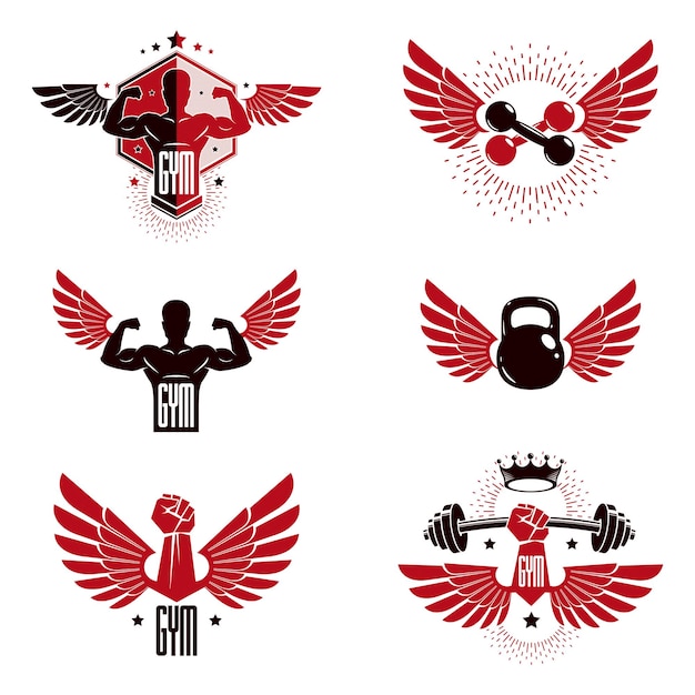 Шаблоны логотипов спортивного клуба фитнеса и тяжелого веса, набор векторных эмблем в стиле ретро.