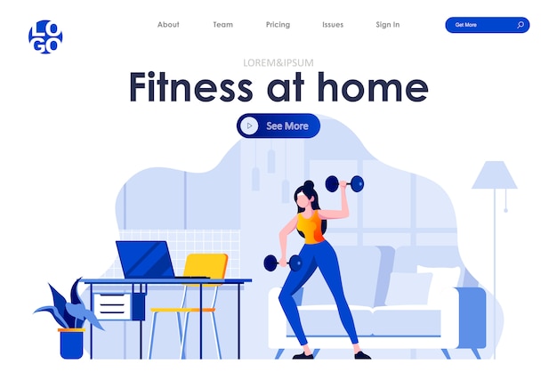 Vector fitness at home flat landing page design web template