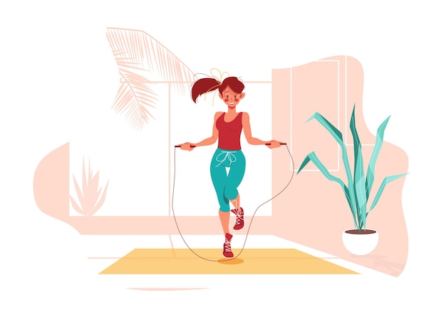 Fitness at home. Girl jumps on jump rope in her room