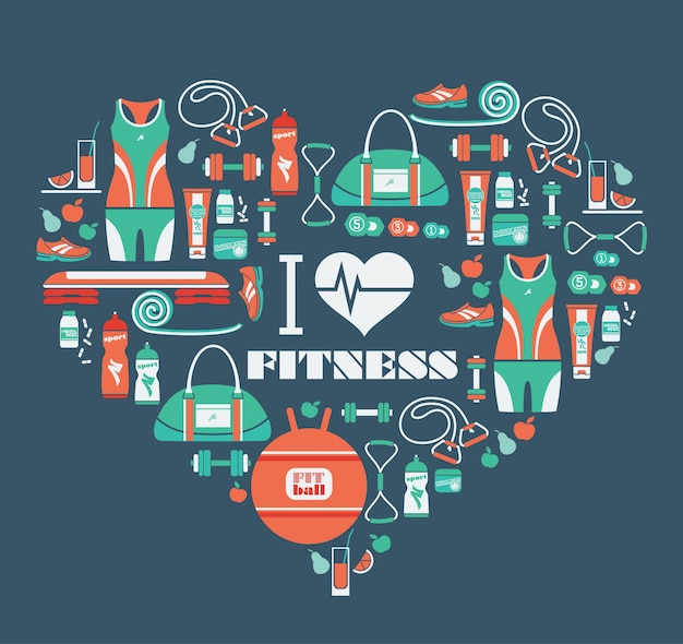 Fitness icons background in heart shape