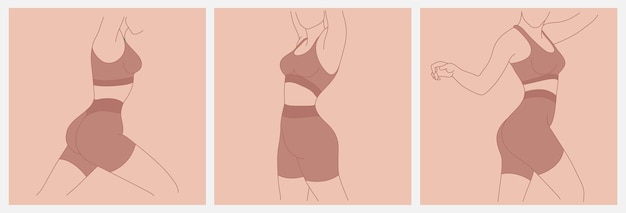Вектор Набор иконок фитнес. комплект perfect стройное подтянутое молодое тело девушки. спортивная женщина в спортивной одежде