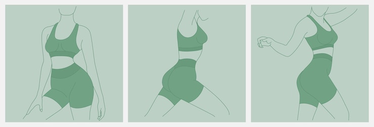 Vector フィットネスのアイコンを設定します。女の子の完璧なスリムな引き締まった若い体のセット。スポーツウェアのスポーティな女性