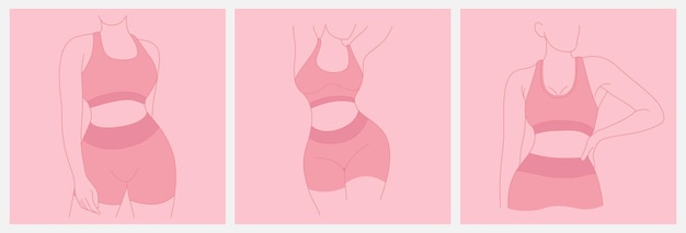 Vector fitness icons set. set of perfect slim toned young body of the girl. sporty woman in sportswear