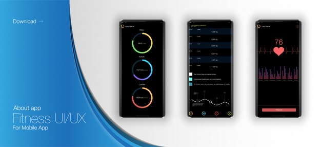 Design dell'interfaccia fitness per applicazioni mobili. vector web design e modello mobile.