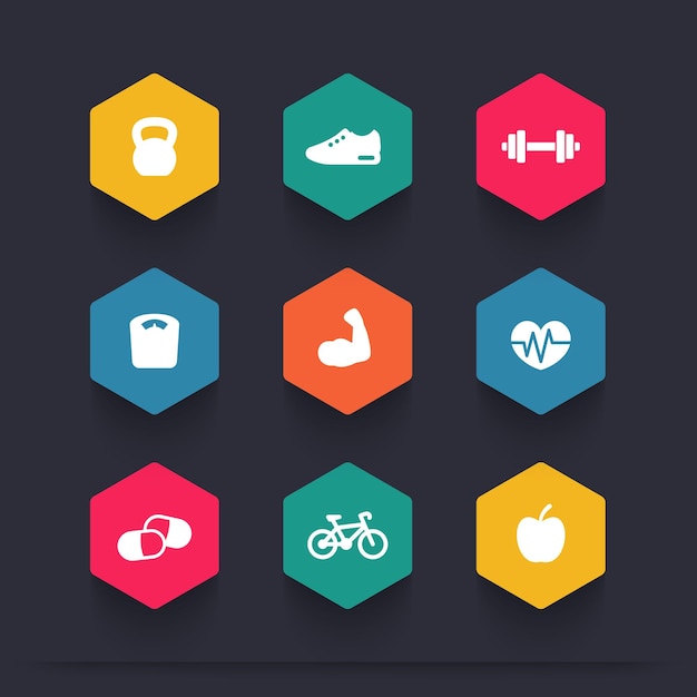 Fitness kleur zeshoekige iconen vector illustratie