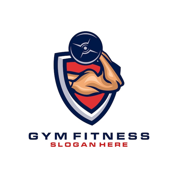 Fitness logo with muscular hand holding dumbbell