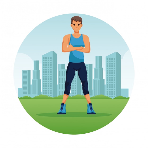 Vector fitness man in de stad om pictogram cartoon