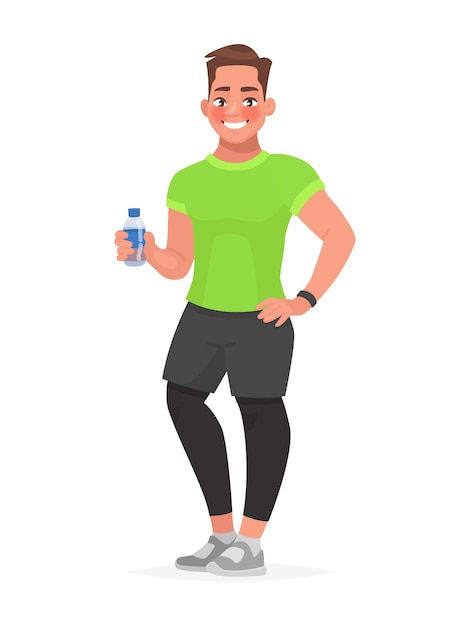 Fitness man in sportkleding met een fles water in zijn hand. de man in de sportschool.