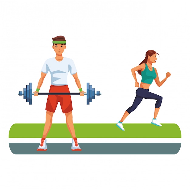 Fitness man lifting barbell and woman running