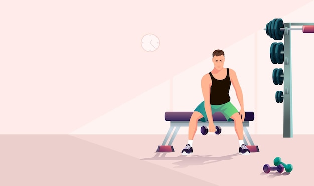 Fitness man raise dumbbell hand arm gym Fit male lift weight training Sports equipment activity Athletic strong active young boy lifting sitting trainer strength workout Vector illustration