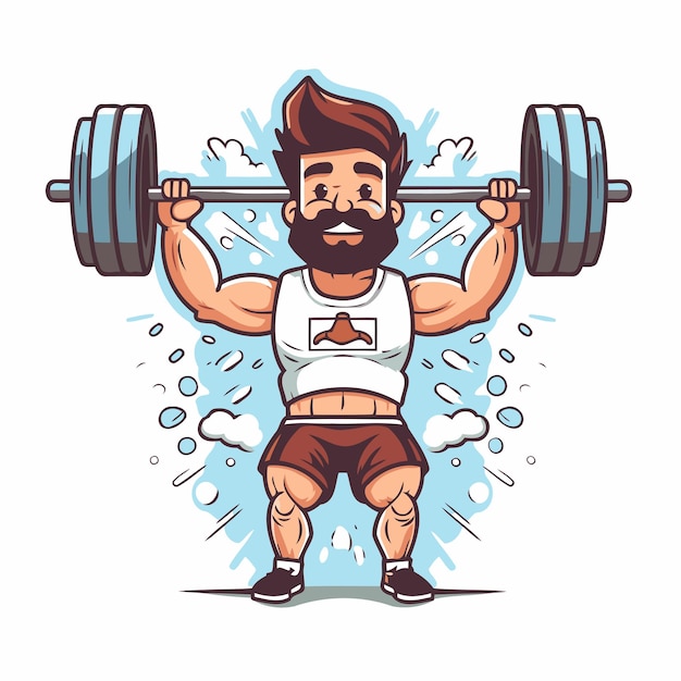 Vector fitness man with barbell vector illustration in cartoon style