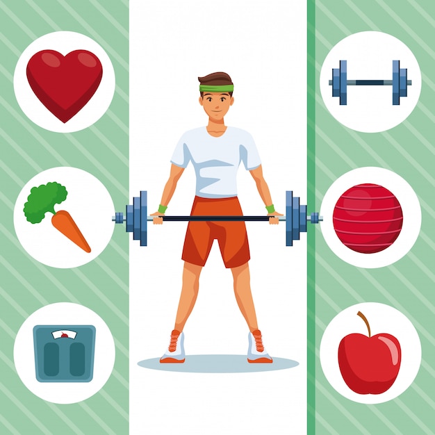 Fitness man with sport round symbols 