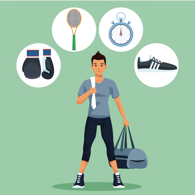 Fitness man with sport round symbols