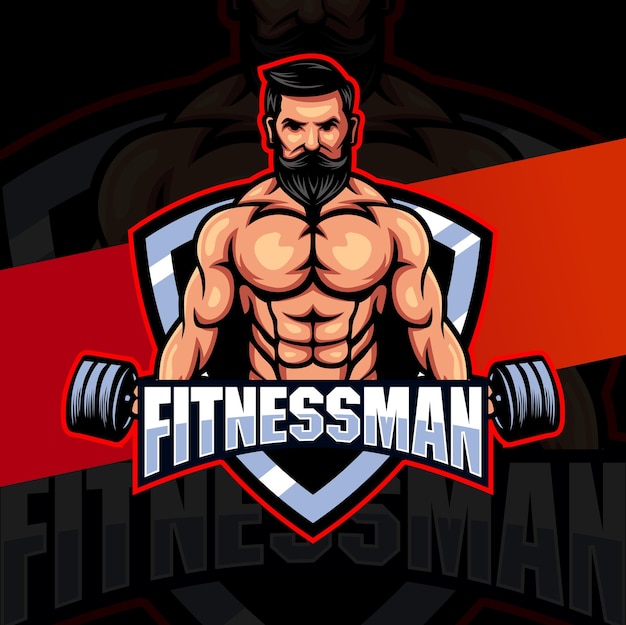 Uomo fitness con muscoli forti e concetto di logo mascotte bilanciere per il fitness e il design aziendale sportivo