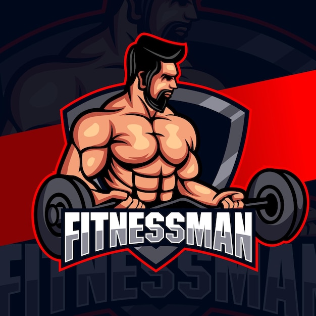 Uomo fitness con muscoli forti e concetto di logo mascotte bilanciere per il fitness e il design aziendale sportivo