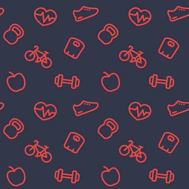 Fitness pattern, dark seamless background with fitness icons, vector illustration