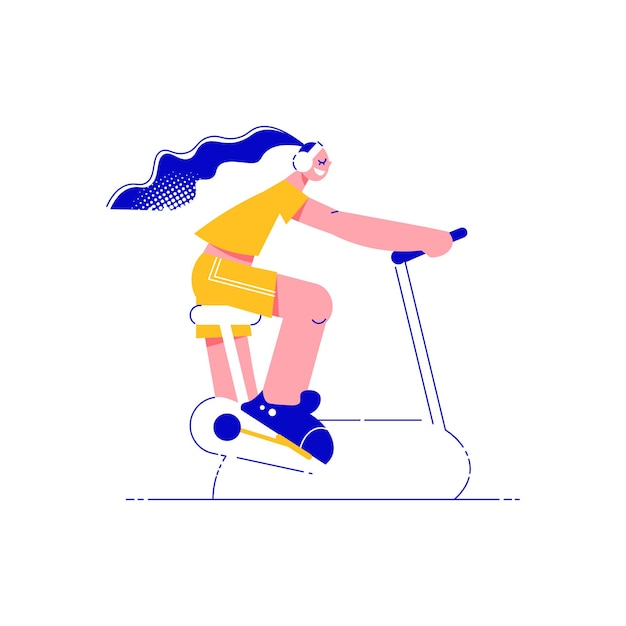 Fitness people flat composition with character of girl riding cycling machine vector illustration