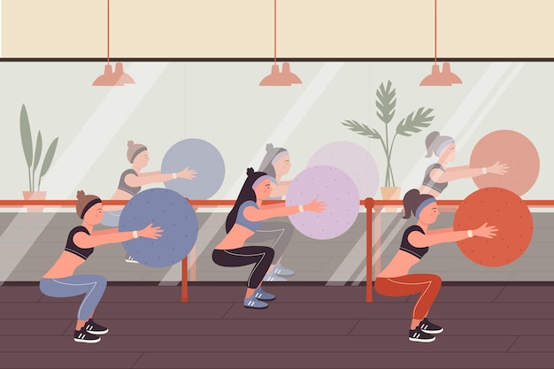Fitness people at sports training vector illustration. cartoon sportive woman group of characters in sportswear squat