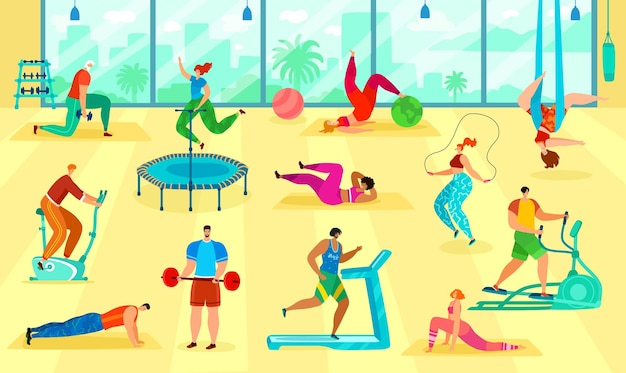 Фитнес-люди тренируют тело в тренажерном зале векторная иллюстрация мультфильма плоский активный мужчина женщина персонажи