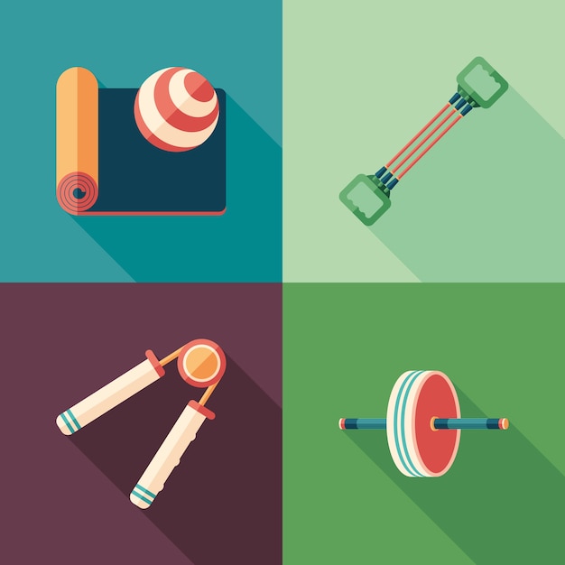 Fitness and pilates flat square icons with long shadows.