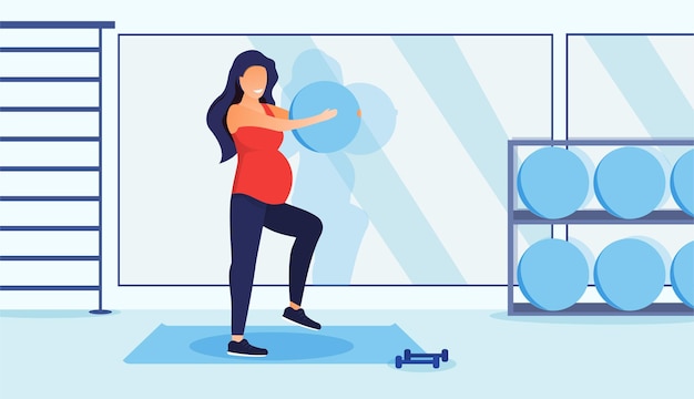 Vector fitness for pregnant woman concept girl doing sport exercises indoors flat vector illustration