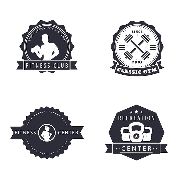 Fitness recreation center gym grunge logo emblems signs vector illustration