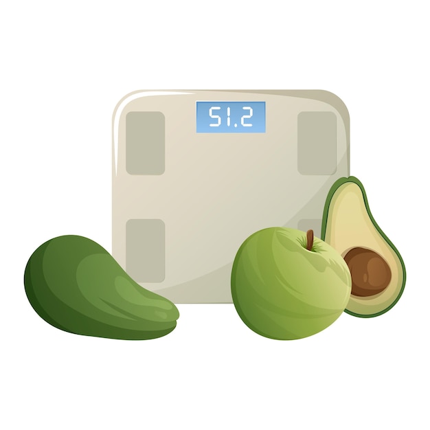 Fitness scales apple avocado concept of healthy lifestyle vector illustration