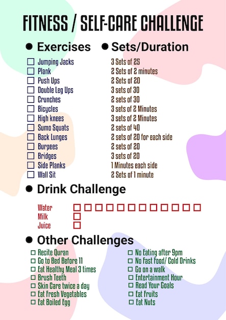 Fitness Self Care Challenge Streamline your schedule with our customizable printable time table