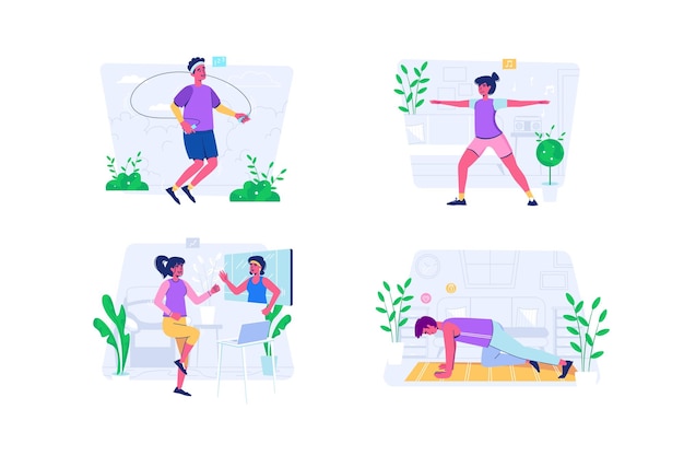 Vector fitness set concept with people scene in the flat cartoon style girls and boys play sports