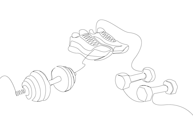 Fitness set with sneakers and dumbbell one line art Continuous line drawing of sport strength