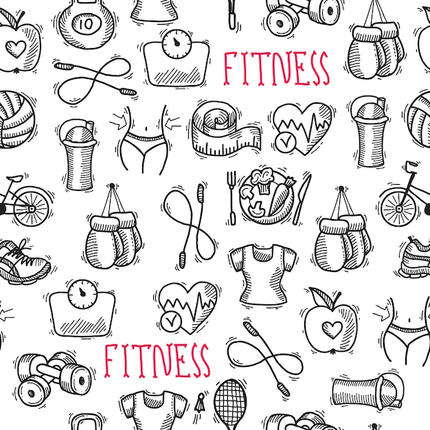 Vector fitness sketch black and white seamless pattern