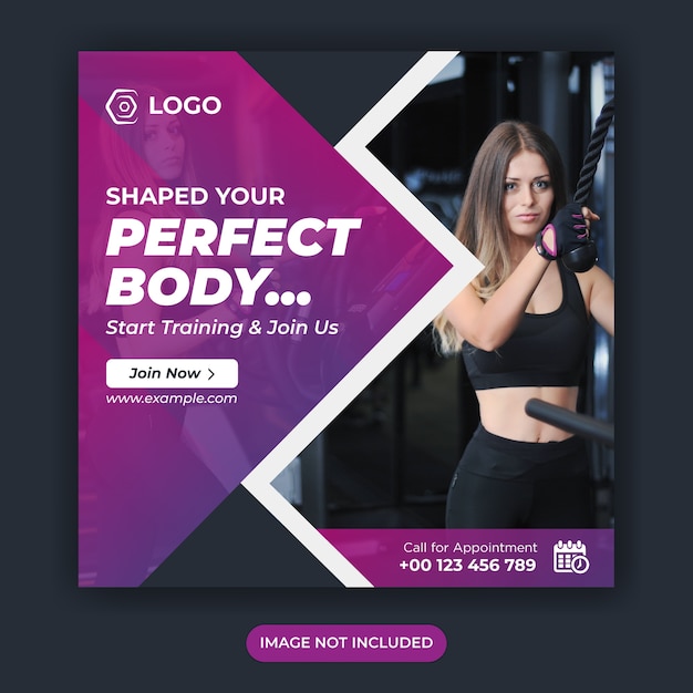 Fitness social media post or work out banner or gym social media template or sport banner template or fitness and gym social media banner template or instagram square post template