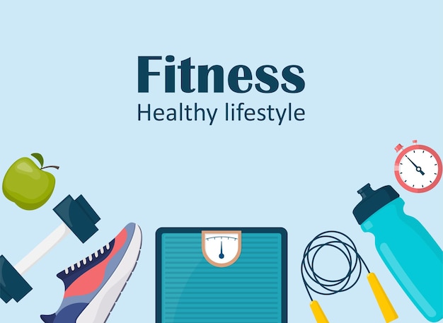 Fitness sport diet and healthy lifestyle banner with copy space and training equipment