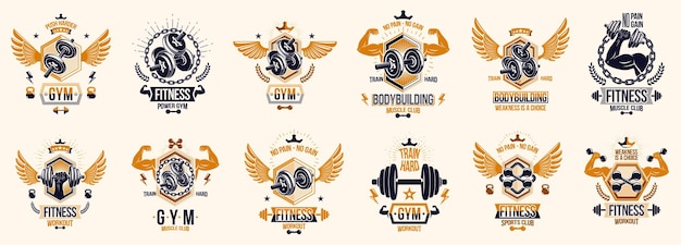 Fitness sport emblems logos or posters with barbells dumbbells kettlebells and muscle man silhouettes vector set, athletic workout active lifestyle theme, sport club or competition awards.