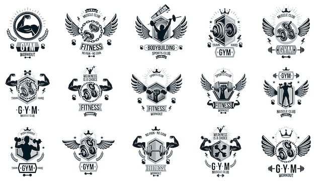 Fitness sport emblems logos or posters with barbells dumbbells
kettlebells and muscle man silhouettes vector set, athletic workout
active lifestyle theme, sport club or competition awards.