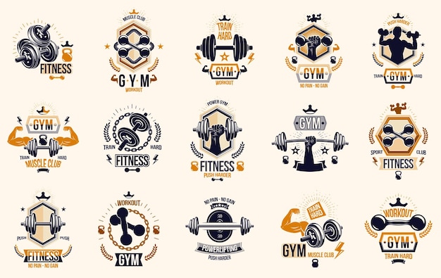 Fitness sport emblems logos or posters with barbells dumbbells kettlebells and muscle man silhouettes vector set, athletic workout active lifestyle theme, sport club or competition awards.