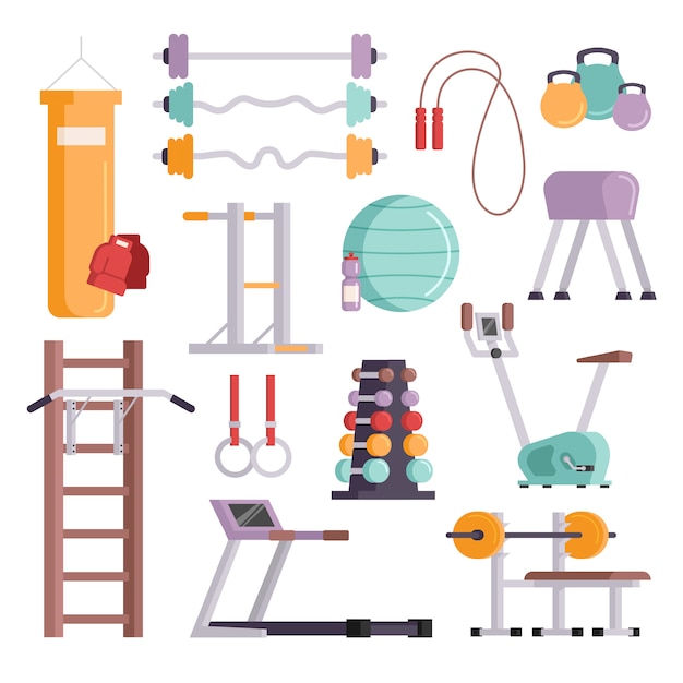 Fitness sport gym exercise equipment workout flat set concept vector illustration.