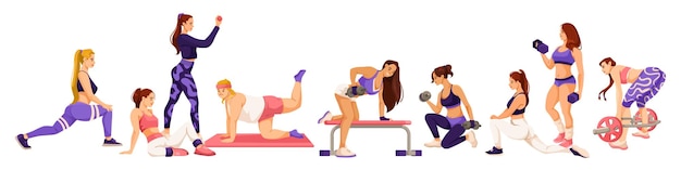 Fitness sporty girls Set of women doing sport exercise with dumbbells Wellness women workout Healthy lifestyle characters Collection of gym exercises Colorful flat vector illustration